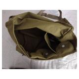 2 Vintage Finnish military gas masks, Suod 61T KRH ASC 12x30, with green canvas carrying bag.