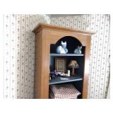 Wood Tombstone Curio Cabinet / bookshelf with 4 shelves and lower hidden storage. H 79” x W 14” x L 24”