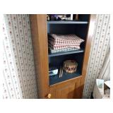 Wood Tombstone Curio Cabinet / bookshelf with 4 shelves and lower hidden storage. H 79” x W 14” x L 24”