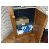 Wood Tombstone Curio Cabinet / bookshelf with 4 shelves and lower hidden storage. H 79” x W 14” x L 24”