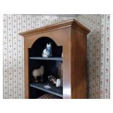 Wood Tombstone Curio Cabinet / bookshelf with 4 shelves and lower hidden storage. H 79” x W 14” x L 24”