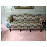 Custom Upholstered Camelback Sofa Chippendale style with stretcher base frame. L 7’ x W 32” x H 32”