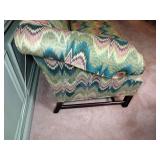 Custom Upholstered Camelback Sofa Chippendale style with stretcher base frame. L 7’ x W 32” x H 32”