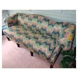 Custom Upholstered Camelback Sofa Chippendale style with stretcher base frame. L 7’ x W 32” x H 32”