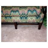 Custom Upholstered Camelback Sofa Chippendale style with stretcher base frame. L 7’ x W 32” x H 32”