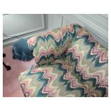 Custom Upholstered Camelback Sofa Chippendale style with stretcher base frame. L 7’ x W 32” x H 32”