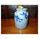 1990 Salmon Falls Stoneware Crock with lid, Blueberry Vine design, 9 ⅜” t