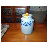 1990 Salmon Falls Stoneware Crock with lid, Blueberry Vine design, 9 ⅜” t