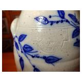 1990 Salmon Falls Stoneware Crock with lid, Blueberry Vine design, 9 ⅜” t