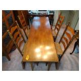 Wood Drop-leaf Harvest Table & 4 Ladderback Chairs with rush woven seat, table length 6’