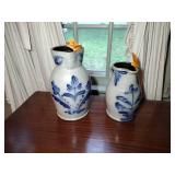 2 Rowe Pottery Works Salt Glazed large pitchers 1987 & 1988: 11” t & 8 ½” t