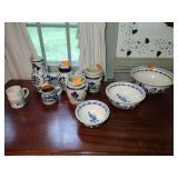 9 pottery pieces: Williamsburg Pottery 2 crocks; 2 pitchers; coffee cup; 3 Serving bowls; BBP coffee mug