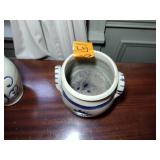 9 pottery pieces: Williamsburg Pottery 2 crocks; 2 pitchers; coffee cup; 3 Serving bowls; BBP coffee mug