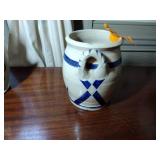 9 pottery pieces: Williamsburg Pottery 2 crocks; 2 pitchers; coffee cup; 3 Serving bowls; BBP coffee mug