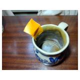 9 pottery pieces: Williamsburg Pottery 2 crocks; 2 pitchers; coffee cup; 3 Serving bowls; BBP coffee mug