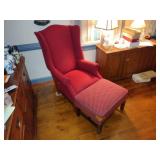 Wing back upholstered chair and ottoman. Chair measures H 44” x W 26” x L 28 ½”