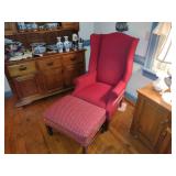 Wing back upholstered chair and ottoman. Chair measures H 44” x W 26” x L 28 ½”
