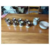 Williamsburg C4W pottery 10 pcs: One bowl 6 ½” diam.x 3 ¼” t, 8 cups 3 ½” t, one 1991 stein 5 “ t