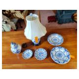 Makkum wall plates two-11 ½” diam, 8” diam., 6 ½” diam., Delft Ginger Jar 11”t, lamp w/ shade