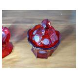 3 Fostoria Ruby Red Coin Glassware: Covered candy dish 4 ¼” t, 2 footed sherberts 3 ¾” t