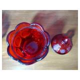 3 Fostoria Ruby Red Coin Glassware: Covered candy dish 4 ¼” t, 2 footed sherberts 3 ¾” t