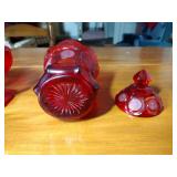 3 Fostoria Ruby Red Coin Glassware: Covered candy dish 4 ¼” t, 2 footed sherberts 3 ¾” t