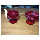 3 Fostoria Ruby Red Coin Glassware: Covered candy dish 4 ¼” t, 2 footed sherberts 3 ¾” t