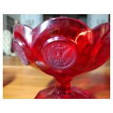 3 Fostoria Ruby Red Coin Glassware: Covered candy dish 4 ¼” t, 2 footed sherberts 3 ¾” t