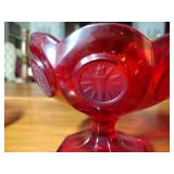 3 Fostoria Ruby Red Coin Glassware: Covered candy dish 4 ¼” t, 2 footed sherberts 3 ¾” t