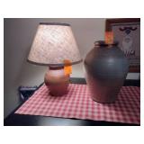2 Colonial Williamsburg Rowe Pottery pcs: 13”t Restoration Pot;  Lamp 16” t with shade.