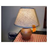 2 Colonial Williamsburg Rowe Pottery pcs: 13”t Restoration Pot;  Lamp 16” t with shade.