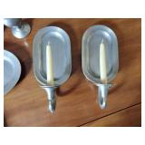 17 metal pieces: Pewter wall candle sconces. Pewter oval platter, Royal Holland syrup pitcher