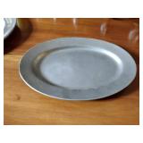 17 metal pieces: Pewter wall candle sconces. Pewter oval platter, Royal Holland syrup pitcher