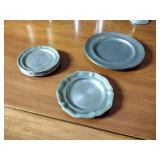 17 metal pieces: Pewter wall candle sconces. Pewter oval platter, Royal Holland syrup pitcher