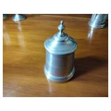 17 metal pieces: Pewter wall candle sconces. Pewter oval platter, Royal Holland syrup pitcher