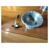 17 metal pieces: Pewter wall candle sconces. Pewter oval platter, Royal Holland syrup pitcher