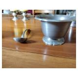 17 metal pieces: Pewter wall candle sconces. Pewter oval platter, Royal Holland syrup pitcher