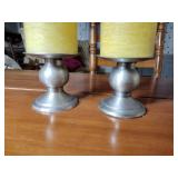 17 metal pieces: Pewter wall candle sconces. Pewter oval platter, Royal Holland syrup pitcher