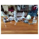 Pewter Items: Wick Trimmer, covered bowl, gravy boat, 2 Etain pitchers, Etain pitcher, candlestick holders