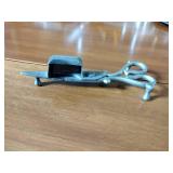 Pewter Items: Wick Trimmer, covered bowl, gravy boat, 2 Etain pitchers, Etain pitcher, candlestick holders