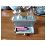 Pewter Items: Wick Trimmer, covered bowl, gravy boat, 2 Etain pitchers, Etain pitcher, candlestick holders