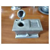 Pewter Items: Wick Trimmer, covered bowl, gravy boat, 2 Etain pitchers, Etain pitcher, candlestick holders