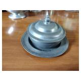 Pewter Items: Wick Trimmer, covered bowl, gravy boat, 2 Etain pitchers, Etain pitcher, candlestick holders