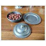 Pewter Items: Wick Trimmer, covered bowl, gravy boat, 2 Etain pitchers, Etain pitcher, candlestick holders