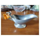 Pewter Items: Wick Trimmer, covered bowl, gravy boat, 2 Etain pitchers, Etain pitcher, candlestick holders