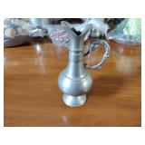 Pewter Items: Wick Trimmer, covered bowl, gravy boat, 2 Etain pitchers, Etain pitcher, candlestick holders