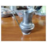 Pewter Items: Wick Trimmer, covered bowl, gravy boat, 2 Etain pitchers, Etain pitcher, candlestick holders