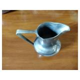 Pewter Items: Wick Trimmer, covered bowl, gravy boat, 2 Etain pitchers, Etain pitcher, candlestick holders