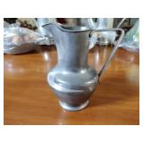 Pewter Items: Wick Trimmer, covered bowl, gravy boat, 2 Etain pitchers, Etain pitcher, candlestick holders