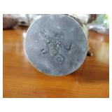 Pewter Items: Wick Trimmer, covered bowl, gravy boat, 2 Etain pitchers, Etain pitcher, candlestick holders